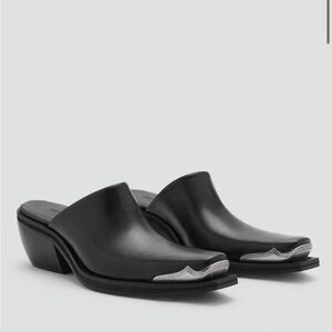 Mango Black and Silver Leather Mules
